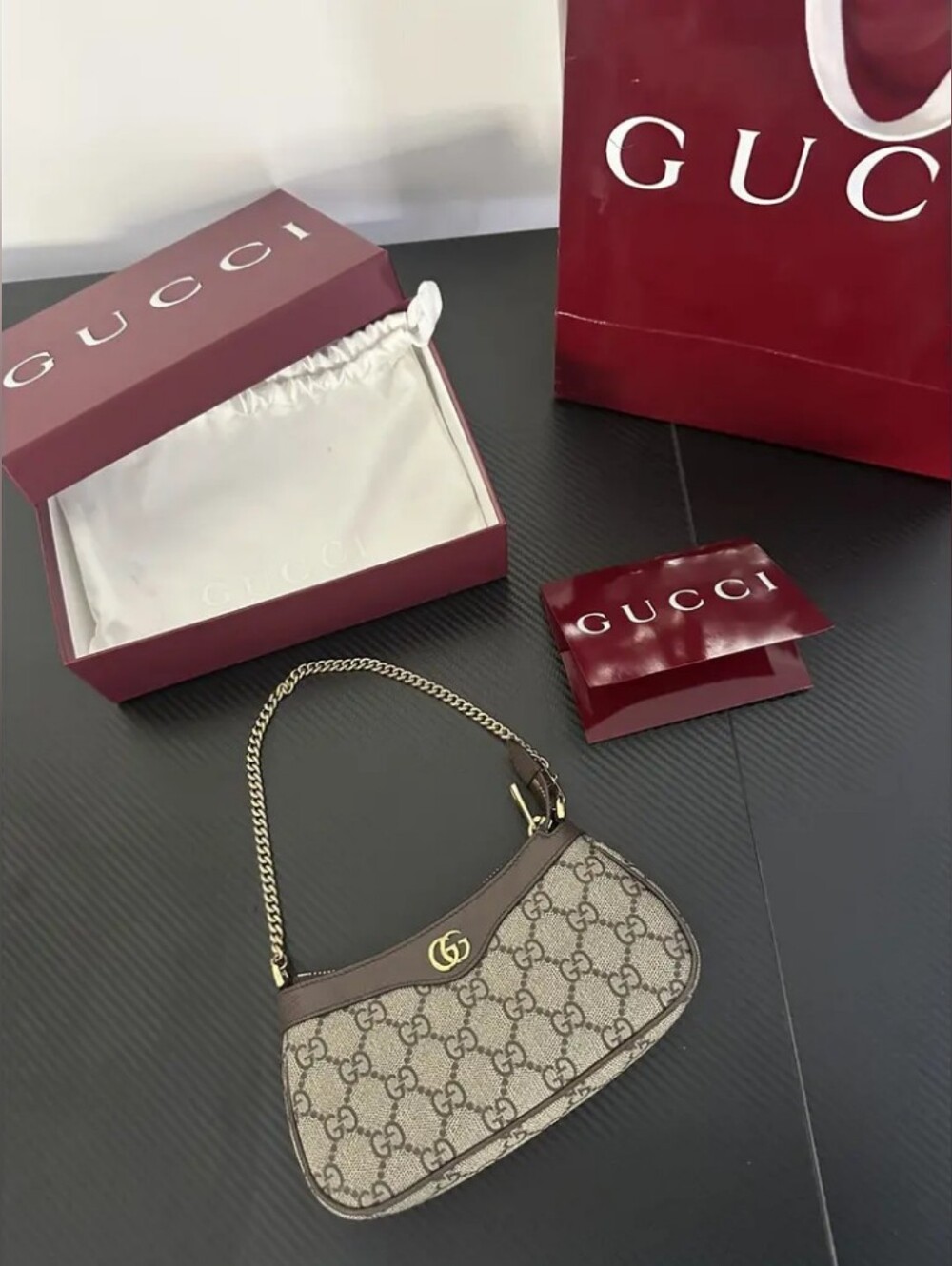 Gucci Brown GG Canvas Shoulder Bag with Gold Chain